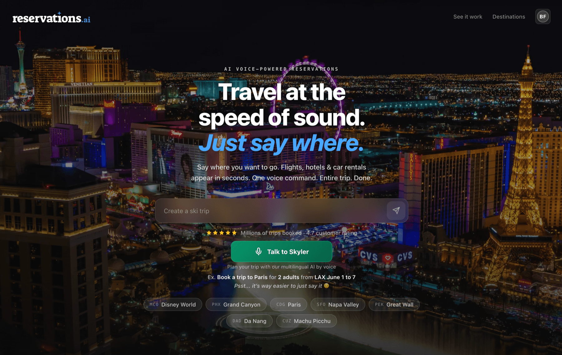 Preview of the reservations.ai voice powered travel assistant over a night skyline